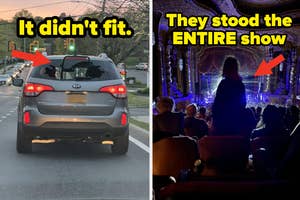 Left: Oversized cargo protruding from car's hatch. Right: Silhouetted person standing at a concert blocking the view