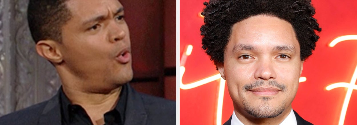 Two separate images of Trevor Noah, one casual in a blazer, the other in a tuxedo with bow tie