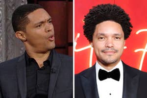 Two separate images of Trevor Noah, one casual in a blazer, the other in a tuxedo with bow tie