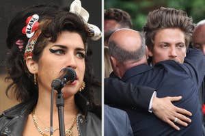 Amy Winehouse performing vs Tyler James hugging someone at Amy Winehouse funeral