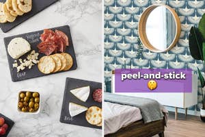individual charcuterie chalkboards with cheese and crackers and bedroom wall with peel-and-stick wallpaper