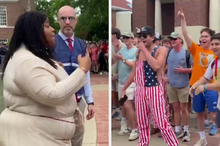 Split screen: Left - a woman addressing a man; Right - a group of people cheering, one in a flag-inspired outfit