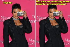 Teyana Taylor takes a photo with a camera on the red carpet