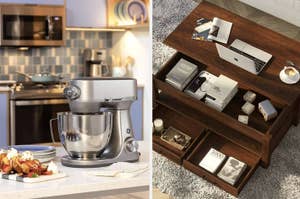 Two images: left shows a mixer in a kitchen, right displays an organized desk with storage compartments