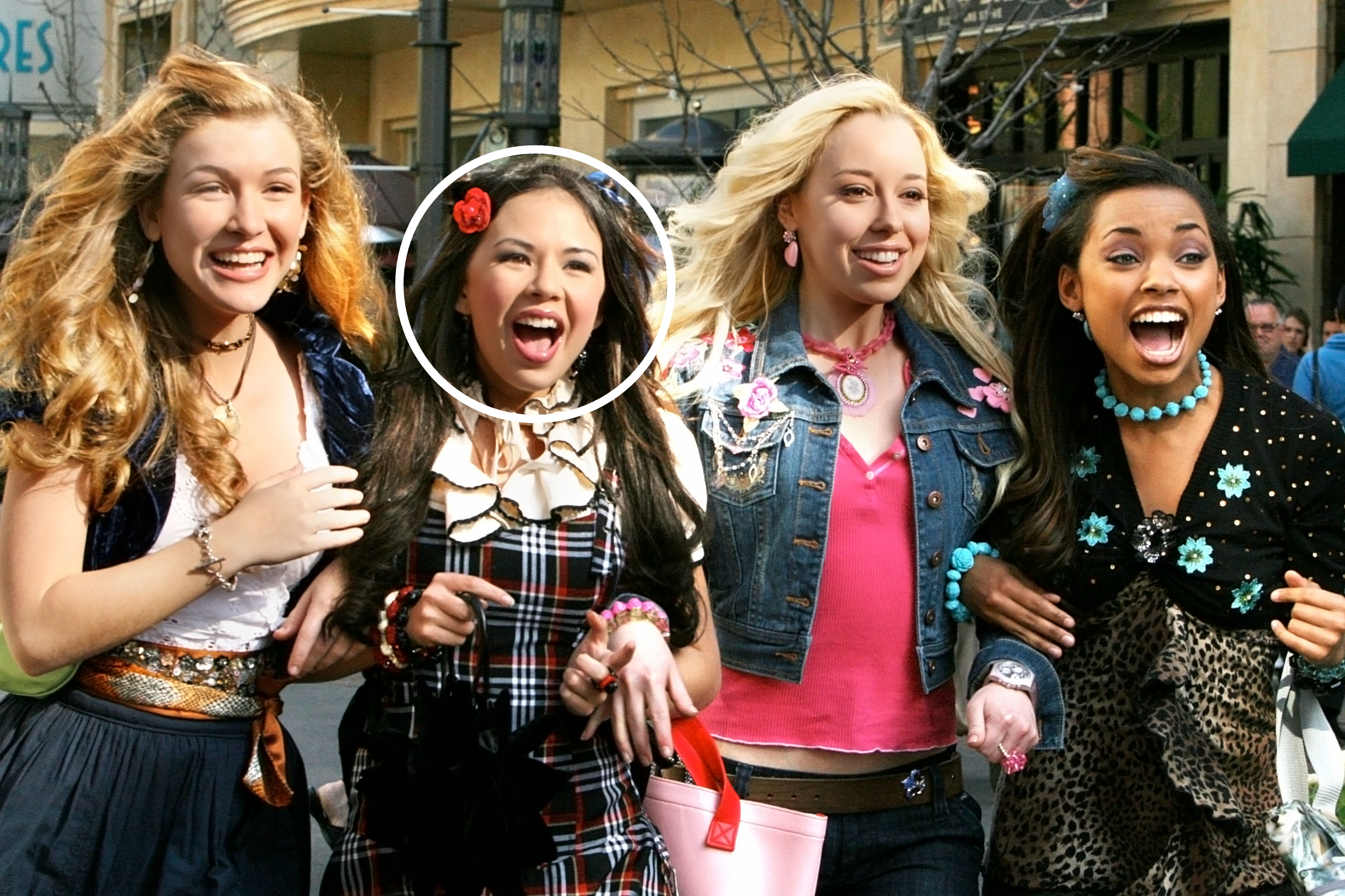 Nathalia Ramos, Janel Parrish, Skyler Shaye, Logan Browning smiling and walking together, styled in early 2000s fashion
