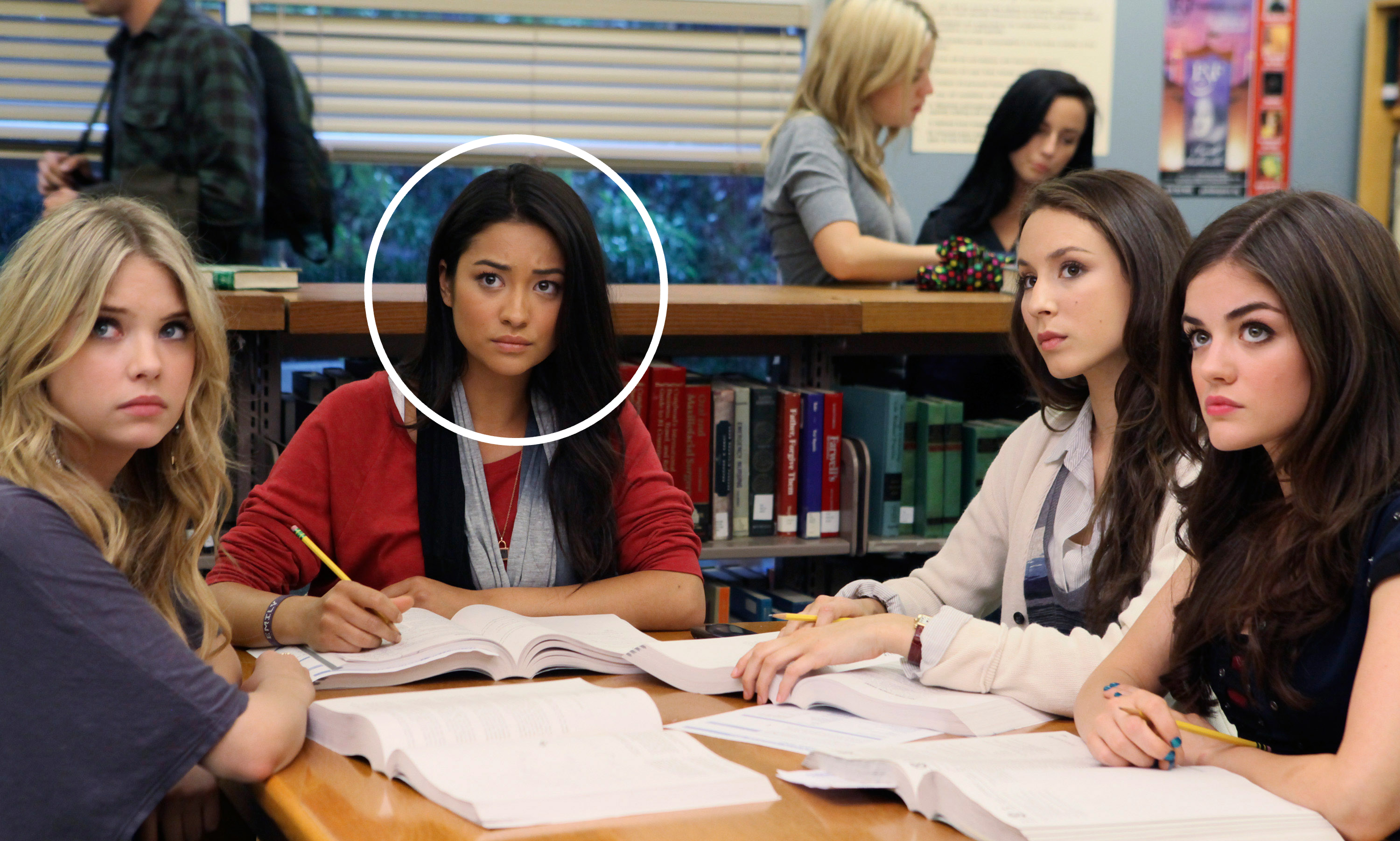 Ashley Benson, Shay Mitchell, Troian Bellisario and Lucy Hale from &quot;Pretty Little Liars&quot; sitting at a library table with books open, looking serious