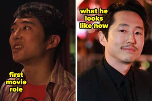 Steven Yeun side by side then vs. now. Text: first movie role, what he looks like now