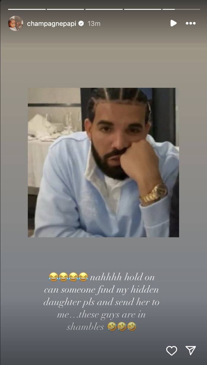 Drake in a candid photo with his hand on his chin and a wristwatch, over a text joke about his daughter