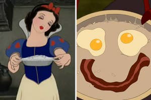 Snow White holds a pie; on the right, South Park's Kenny McCormick's hood frames his face