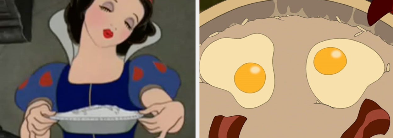 Snow White holds a pie; on the right, South Park's Kenny McCormick's hood frames his face