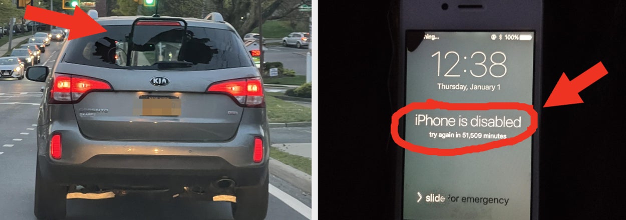 Left: Car with oversized cargo; Right: Locked iPhone says "iPhone is disabled."