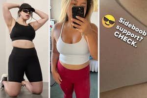 Three women in various sportswear taking mirror selfies. Text overlay on one image: "Sideboob support? CHECK."