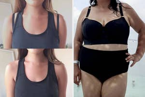 Two side-by-side photos of a person before and after weight loss, first in a tank top, then in a swimsuit