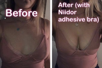 before photo of reviewer wearing a pink v-neck top, after photo labeled "after (with Niidor adhesive bra)" 