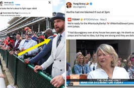 Travis Kelce at the Kentucky Derby with a tweet comparing Travis Kelce to a Roger Rabbit character vs a Yung Gravy tweet about drinking mint juleps at Martha Stewarts house