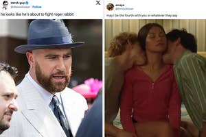 Travis Kelce at the Kentucky Derby vs Zendaya being kissed by two men in Challengers