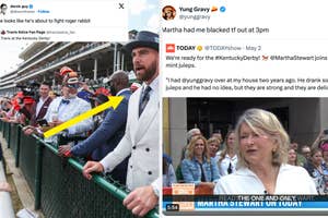 Travis Kelce at the Kentucky Derby with a tweet comparing Travis Kelce to a Roger Rabbit character vs a Yung Gravy tweet about drinking mint juleps at Martha Stewarts house