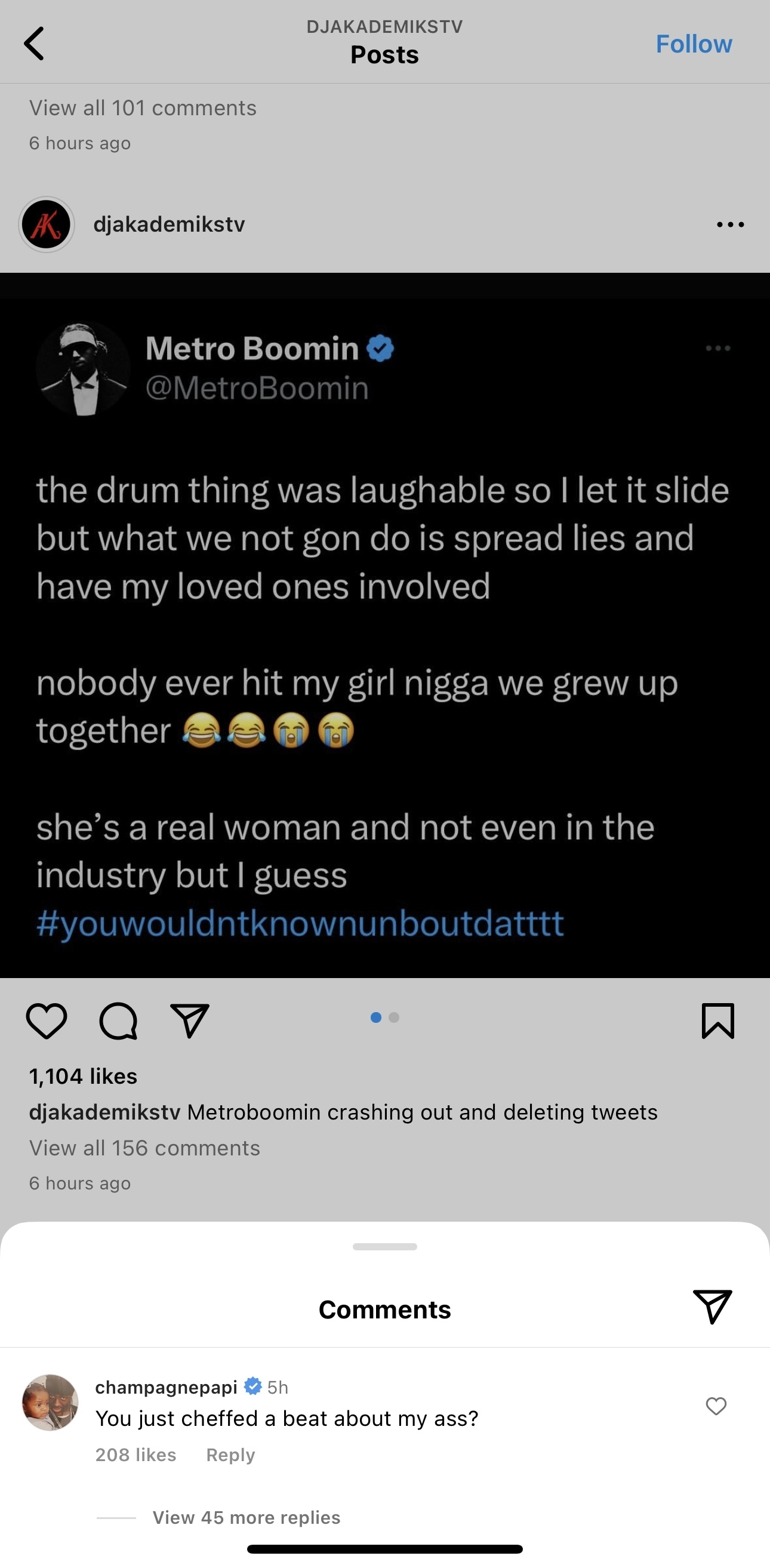 Screenshot of a tweet by MetroBoomin with comments visible below, discussing personal matters and industry experience