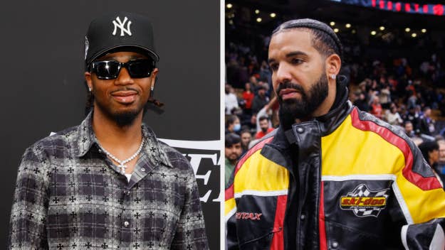 Two male music artists: Metro Boomin wearing a plaid shirt and hat, Drake in a racing jacket