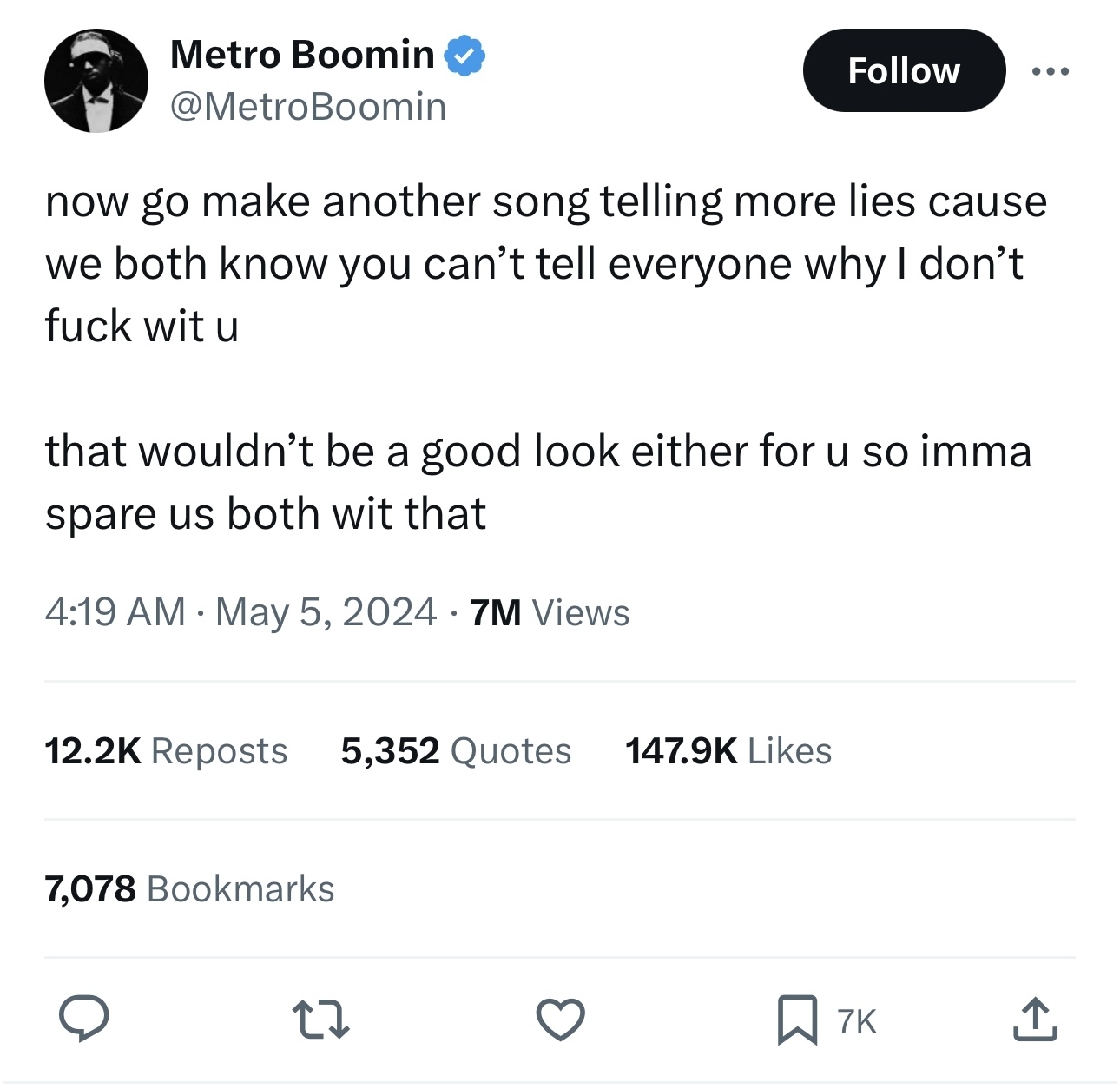 Screenshot of a tweet from Metro Boomin expressing frustration with someone in a cryptic message