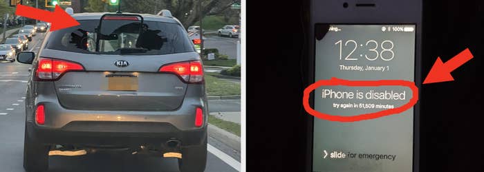Left: Car with oversized cargo; Right: Locked iPhone says "iPhone is disabled."