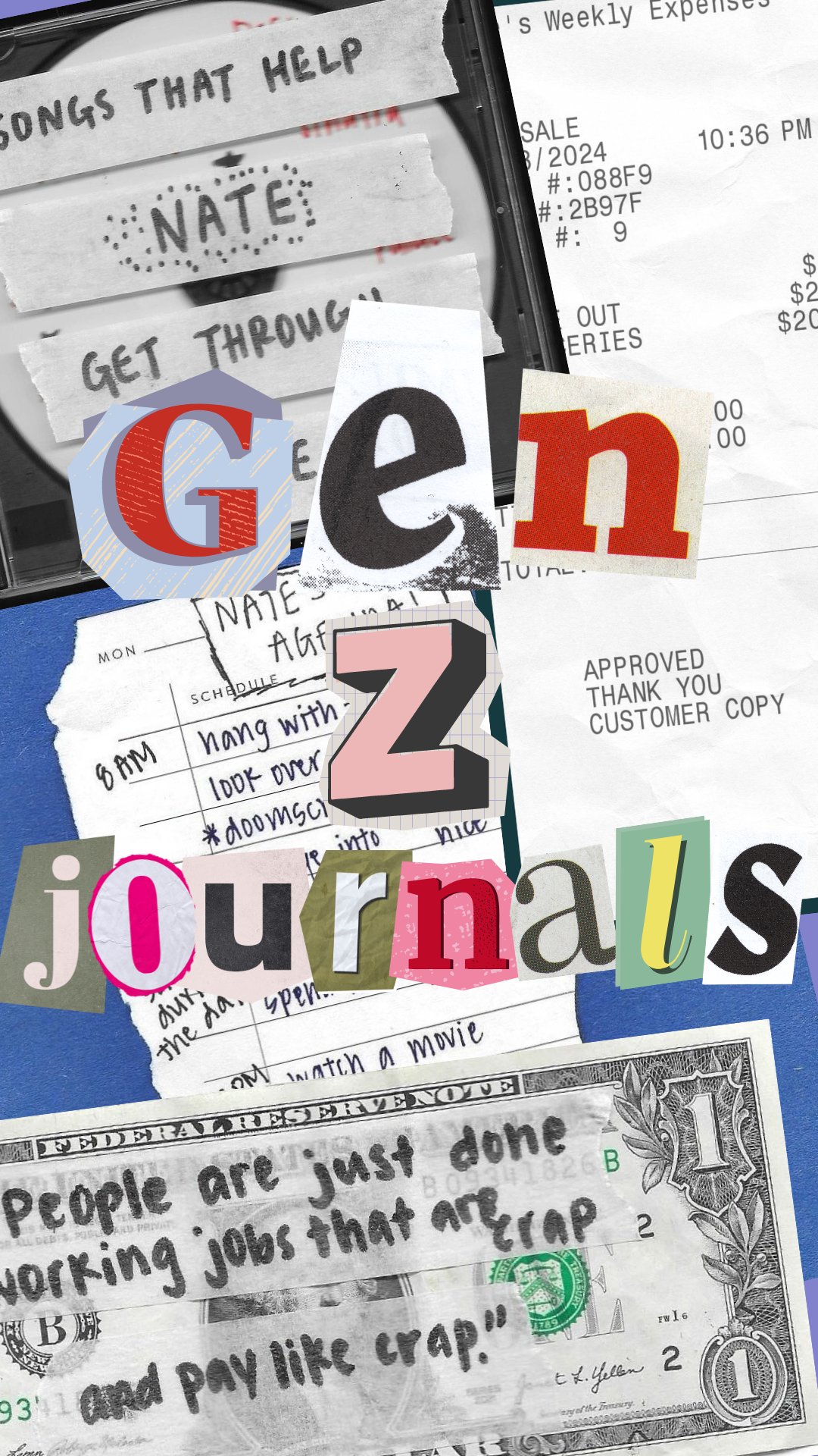 Collage of notes, receipts, and a dollar bill overlaid with &quot;Gen Z Journals&quot; text, symbolizing financial and personal struggles