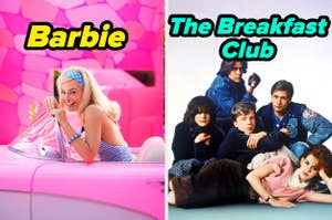 Left: A woman dressed as Barbie next to a pink car. Right: Cast of 'The Breakfast Club' movie in character
