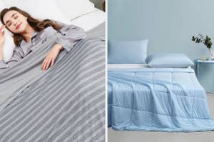 Woman lying on bed with striped bedding, next to image of light blue comforter set