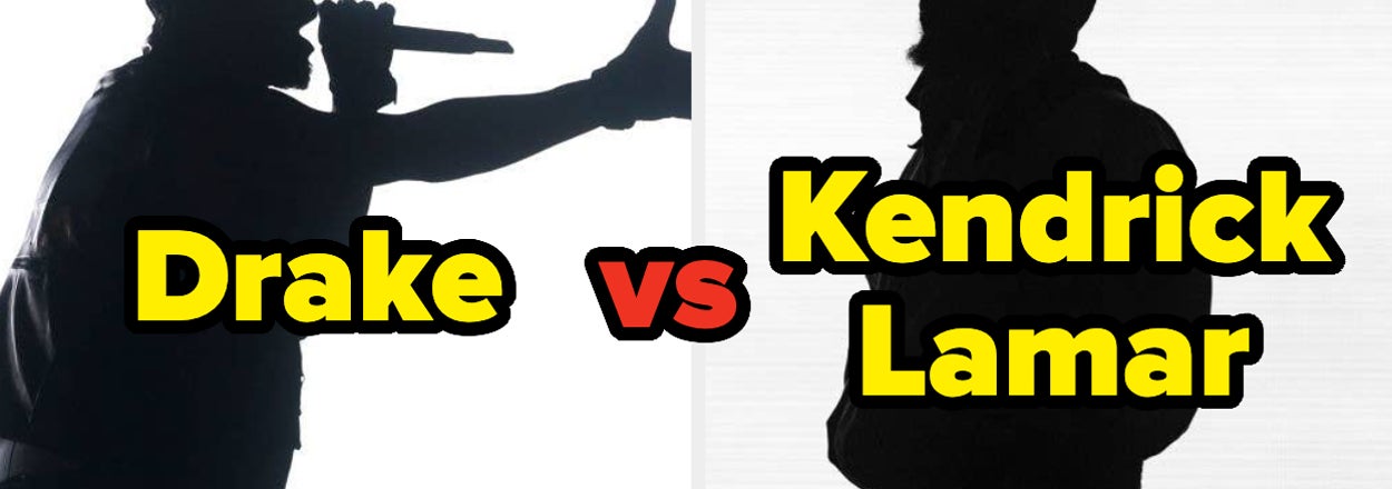 Graphic with silhouettes of Drake and Kendrick Lamar, labeled with their names, indicating a comparison or contest