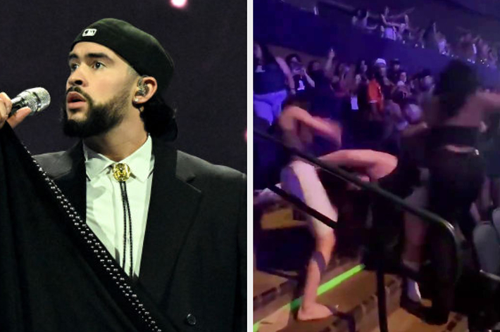 Left: Musician in a black suit singing into a microphone. Right: Audience dancing at a concert