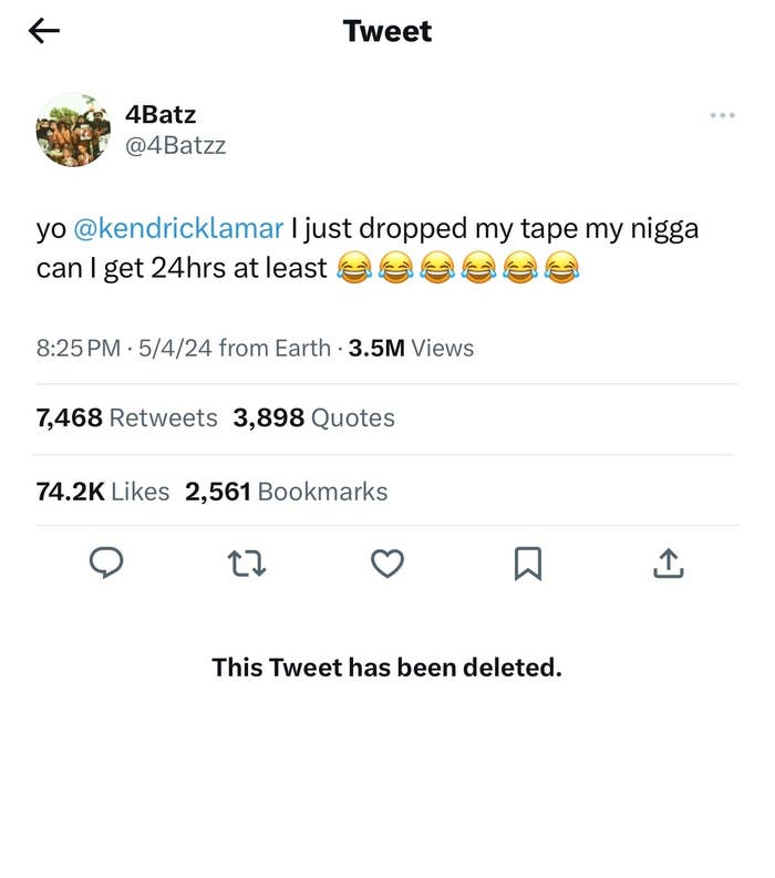 A tweet to Kendrick Lamar announcing the user dropped their tape with emojis of laughter