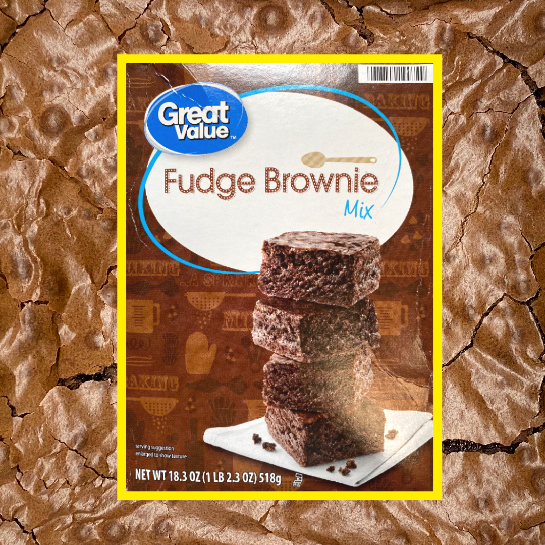 Package of Great Value Fudge Brownie Mix overlayed over a picture of baked brownies
