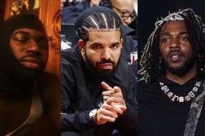 Three musicians: a man in a knit cap, Drake in a suit, and another with beaded braids
