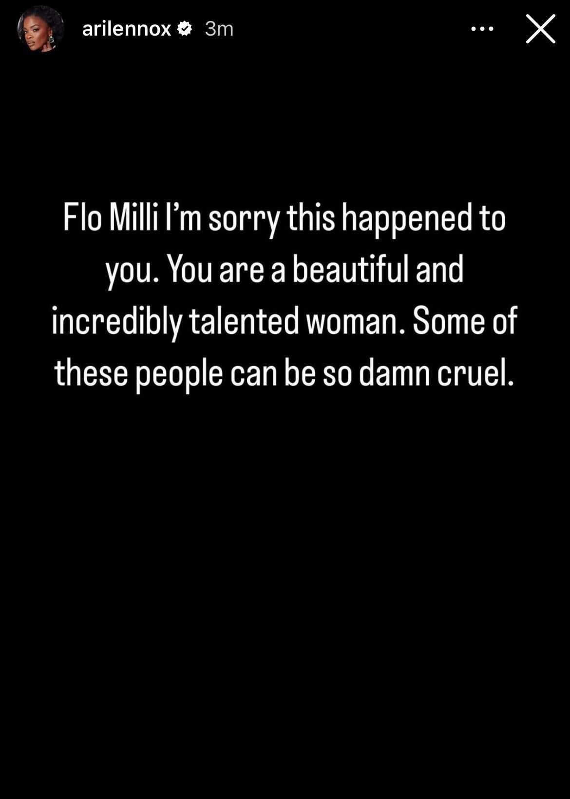 Ari Lennox&#x27;s Instagram post expressing sympathy to Flo Milli, acknowledging her talent and lamenting over cruelty faced