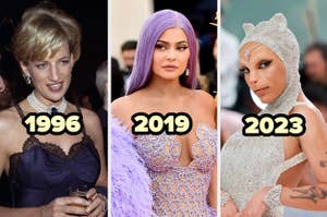 Diana en vestido negro, Kylie Jenner con peluca lila y traje brillante, y Doja Cat con capucha de cristales