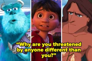Three animated characters: James P. Sullivan, Hiro Hamada, and Tarzan, with the caption questioning fear of differences