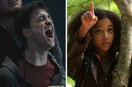 Harry Potter screams in frustration while Rue from The Hunger Games signals for silence