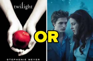 Two "Twilight" series book covers side-by-side: one with hands holding an apple, the other with Edward and Bella