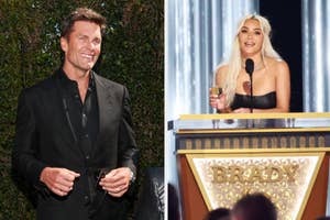 Split image: Left - man in black suit smiling; Right - woman in black strapless outfit at podium