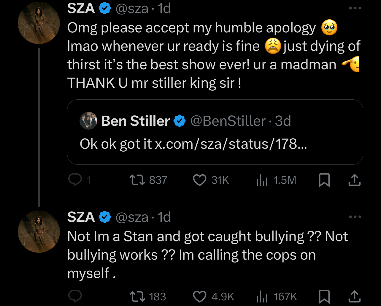 Two Twitter posts with SZA reacting to Ben Stiller and admitting to jokingly bullying, followed by Stiller&#x27;s playful acknowledgment