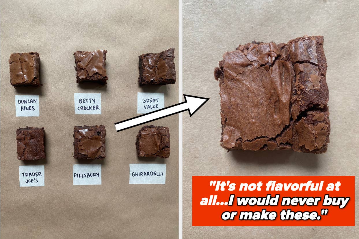 Six different brownies labeled with brand names with an arrow pointing to a larger image of a brownie and text critical of its taste