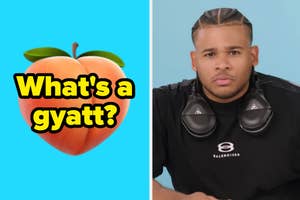 Man with headphones wearing a Balenciaga top; text asks, "What's a gyatt?" on a peach graphic