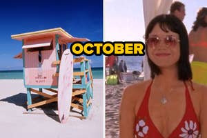Split image with a lifeguard hut on the beach and a woman in a tropical dress at a sunny event. Text "OCTOBER" overlays