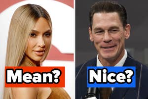 Split image of Kim Kardashian in formal attire and John Cena in a suit, with captions "Mean?" and "Nice?" respectively
