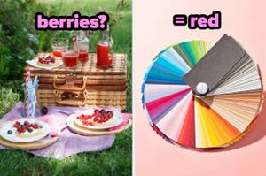 Picnic setting with food and drinks; a color palette with a variety of shades, focusing on red