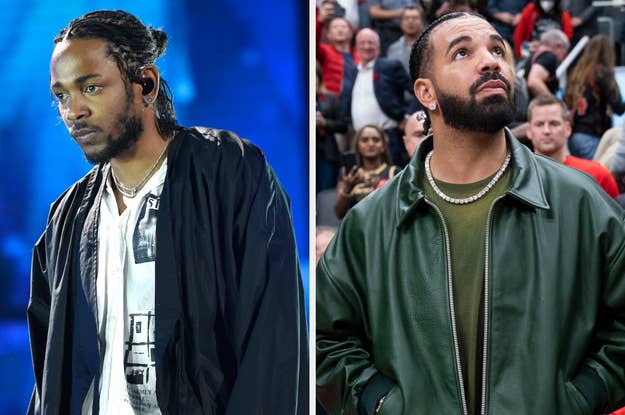 Kendrick Lamar in a black jacket and tee, and Drake in a green jacket at separate events