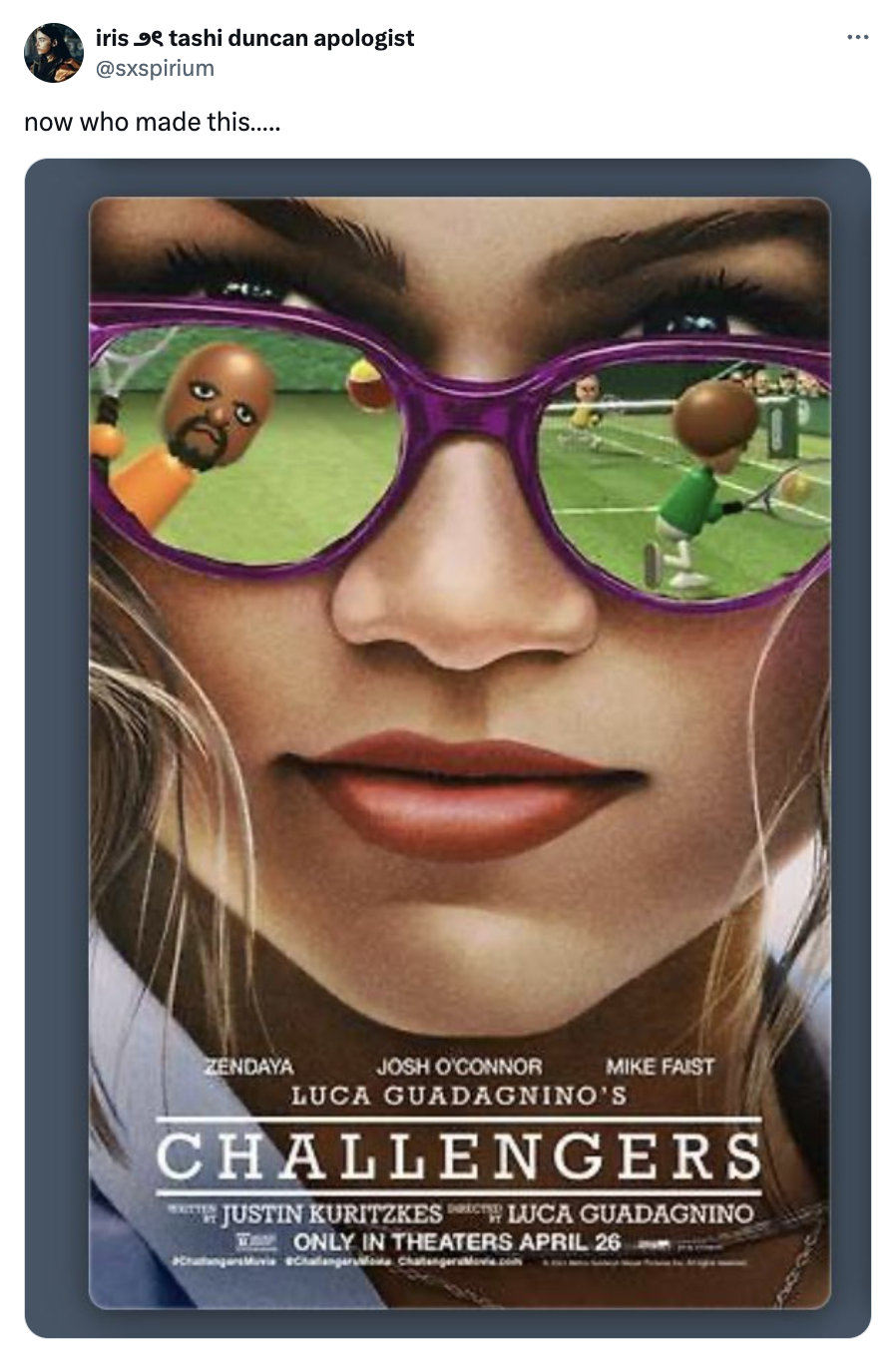 Movie poster for &quot;Challengers&quot; featuring close-up of Zendaya in sunglasses reflecting a tennis court. Text: actors&#x27; names, title, release date