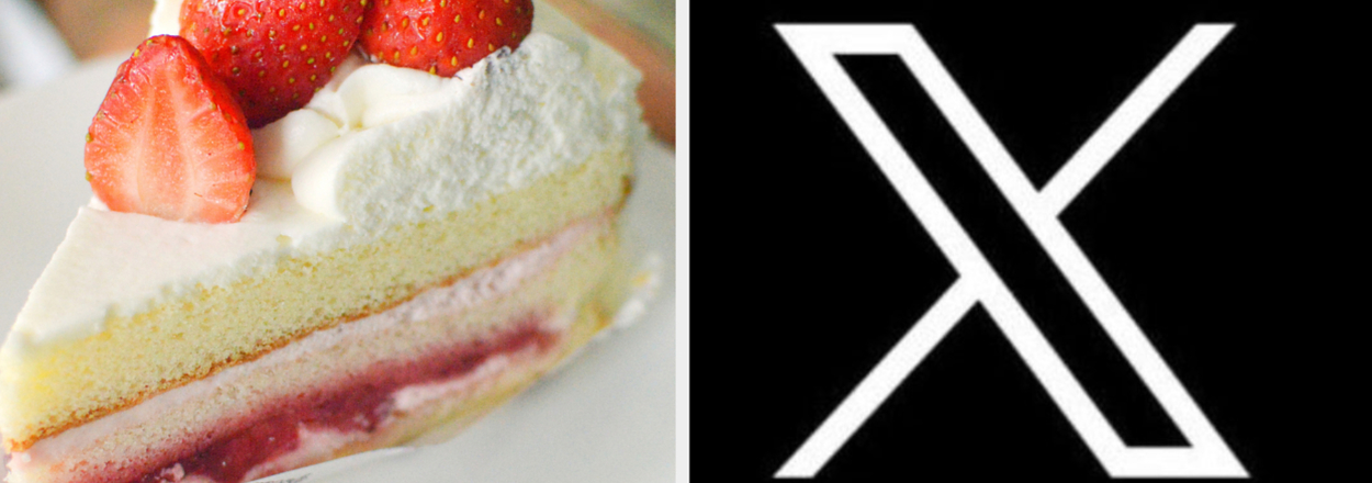 Left: A slice of strawberry shortcake on a plate. Right: A white "X" symbol on a black background