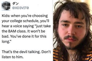 Man with disheveled hair and striped shirt looks exhausted. Meme text mocks the idea of taking an 8 AM class