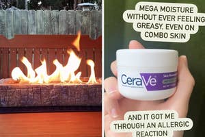 Two images side-by-side; left shows a cozy outdoor fire pit, right is a hand holding a jar of CeraVe moisturizer with text praising its benefits
